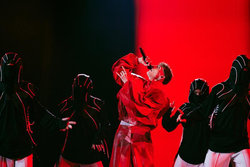Silvester Belt rehearsing Luktelk for Lithuania at the Second Rehearsal of the First Semi-Final at Malmö Arena
