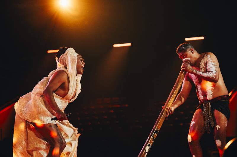 Electric Fields rehearsing One Milkali (One Blood) for Australia at the Second Rehearsal of the First Semi-Final at Malmö Arena