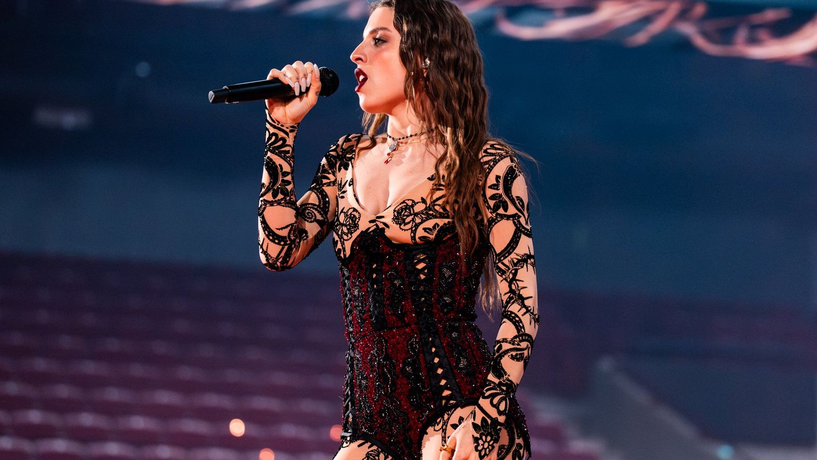 Angelina Mango rehearsing La noia for Italy at the First Rehearsal of the Grand Final at Malmö Arena