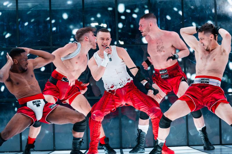 Olly Alexander rehearsing Dizzy for United Kingdom at the Second Rehearsal of the First Semi-Final at Malmö Arena