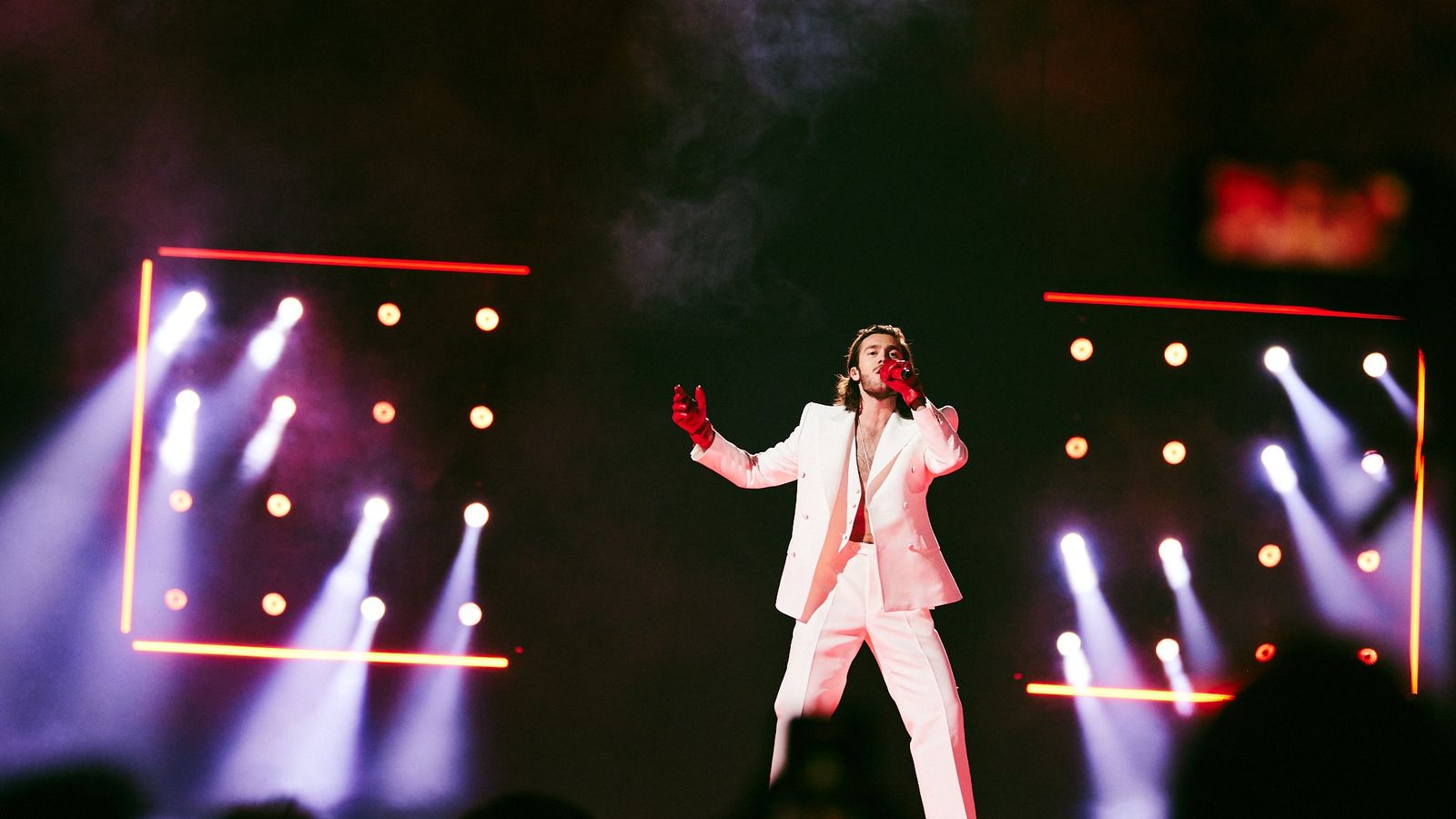 Benjamin Ingrosso performing a medley of his songs at the First Semi-Final of the 68th Eurovision Song Contest at Malmö Arena
