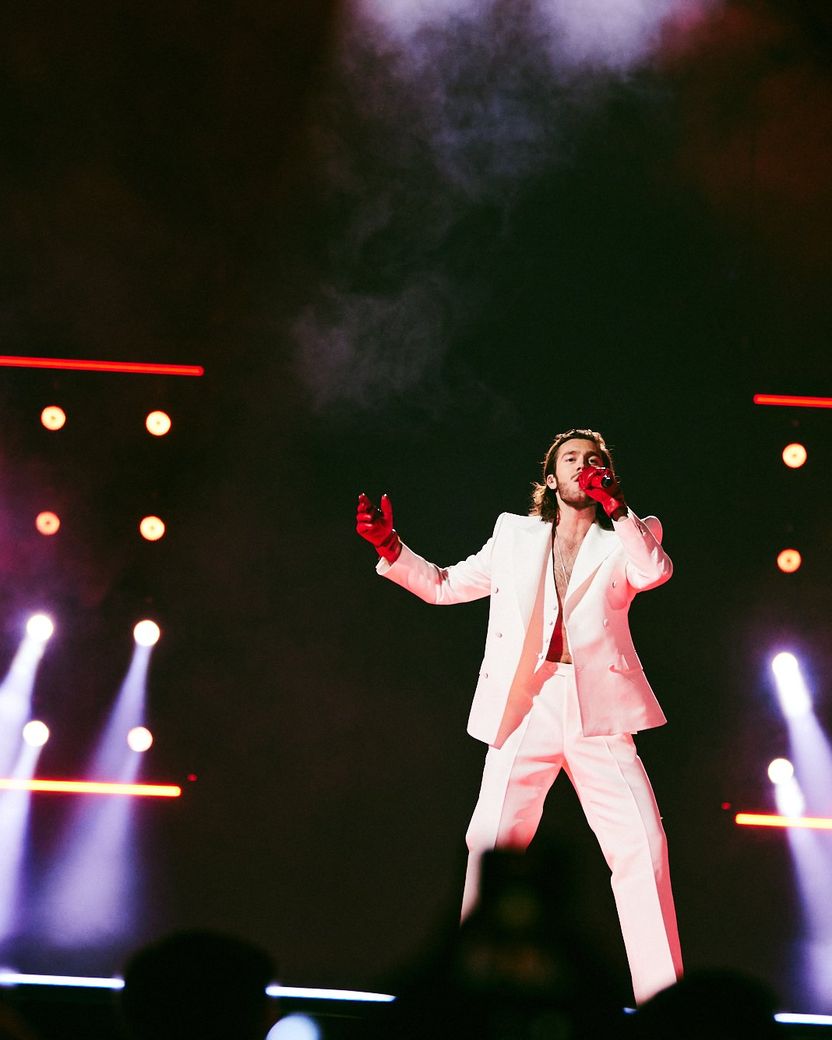 Benjamin Ingrosso performing a medley of his songs at the First Semi-Final of the 68th Eurovision Song Contest at Malmö Arena
