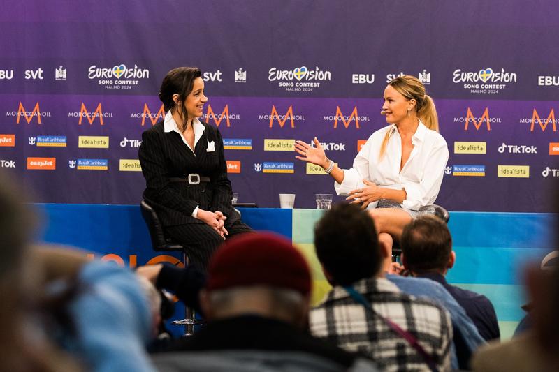 Eurovision Song Contest 2024 hosts Petra Mede and Malin Åkerman attend the official press conference at Malmö Arena