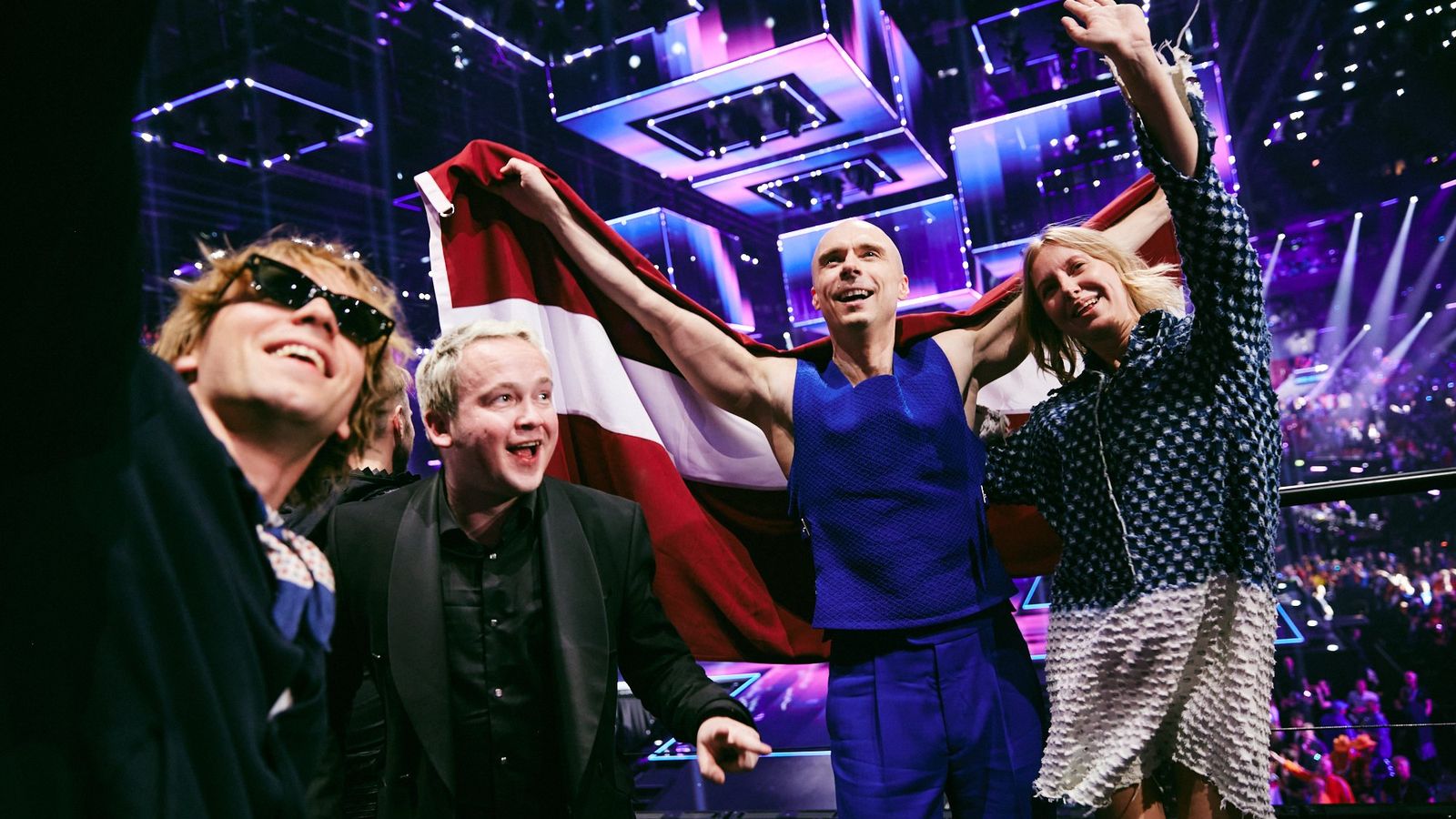 Dons representing Latvia in the Green Room at the Second Semi-Final at Malmö Arena