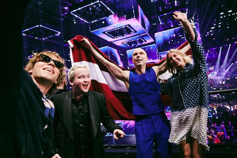 Dons representing Latvia in the Green Room at the Second Semi-Final at Malmö Arena
