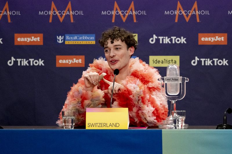 Nemo attends the press conference after Switzerland wins the 68th Eurovision Song Contest with The Code.