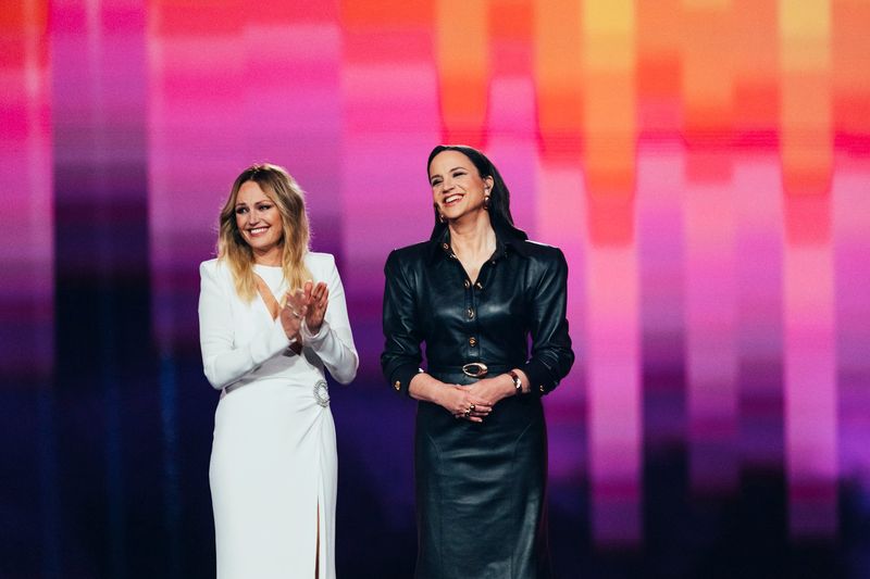 Petra Mede and Malin Åkerman hosting the Grand Final of the 68th Eurovision Song Contest at Malmö Arena
