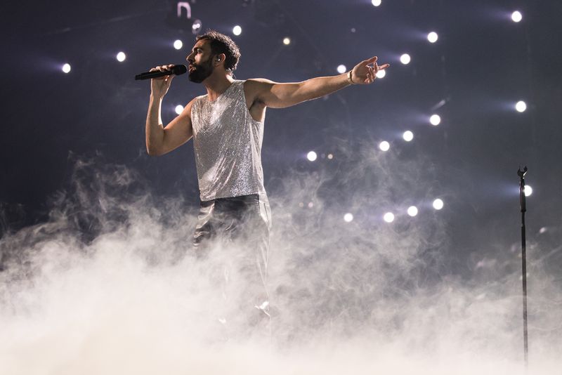 Marco Mengoni rehearsing Due Vite for Italy at the Second Rehearsal of the Grand Final at Liverpool Arena