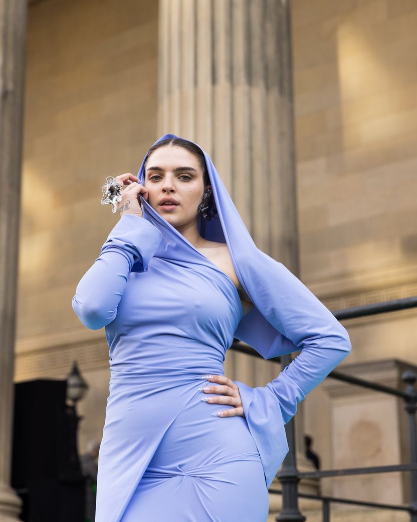 Mae Muller from the United Kingdom attending the Turquoise Carpet event at St. George’s Hall, Liverpool.