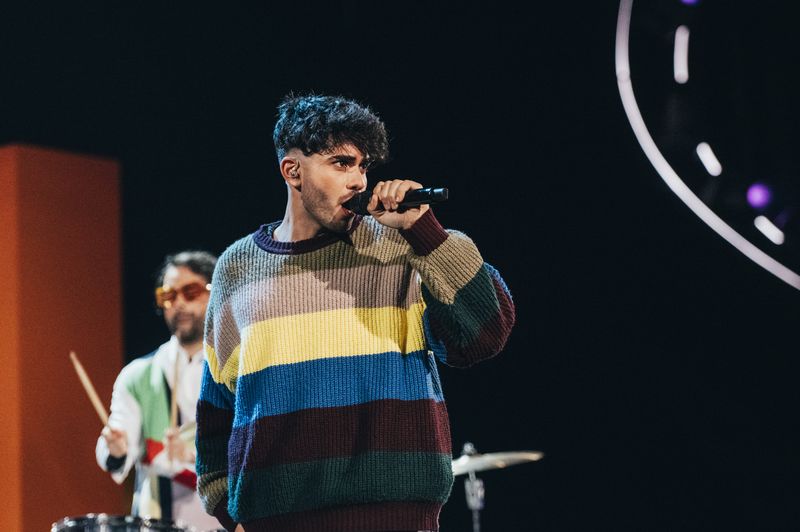 The Busker rehearsing Dance (Our Own Party) for Malta at the First Rehearsal of the First Semi-Final at Liverpool Arena