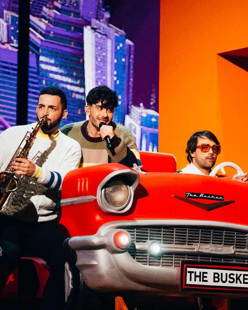 The Busker rehearsing Dance (Our Own Party) for Malta at the Second Rehearsal of the First Semi-Final at Liverpool Arena