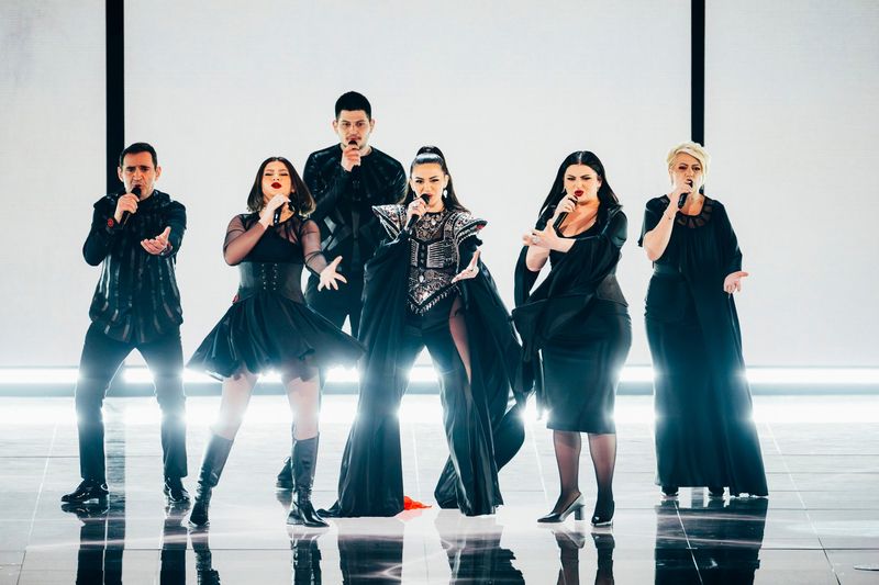 Albina & Familja Kelmendi performing Duje for Albania at the Second Semi-Final at Liverpool Arena