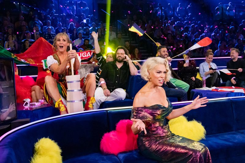Hannah Waddingham and Mel Giedroyc at the Grand Final of Eurovision 2023 in Liverpool
