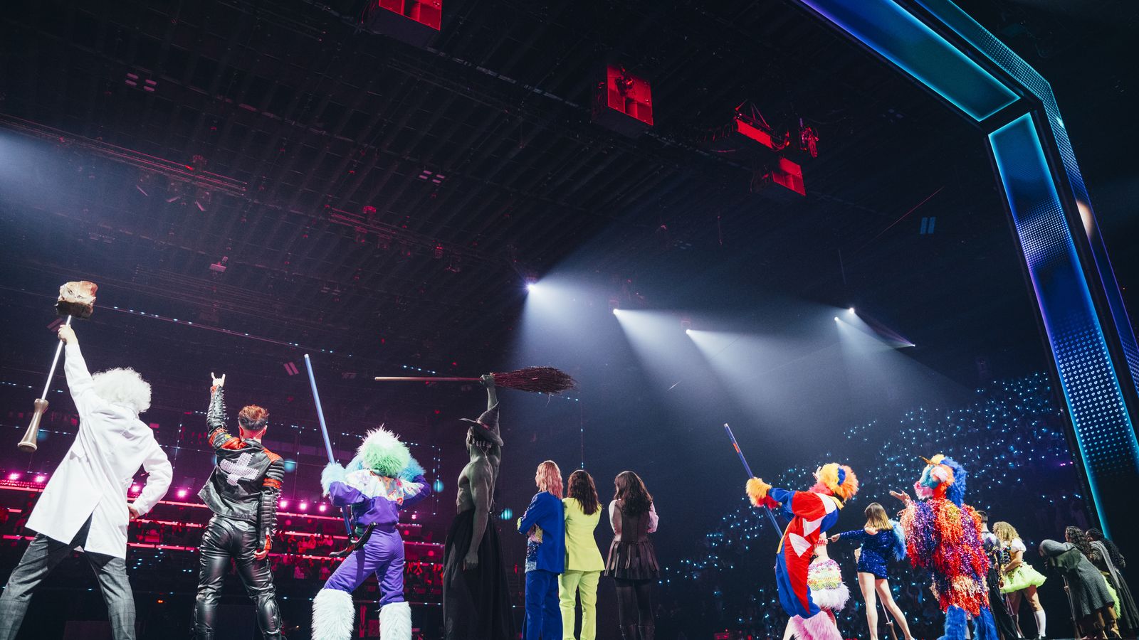 Hazel Brugger and Sandra Studer (plus special guest Petra Mede) perform interval act Made in Switzerland at the First Semi-Final of the 69th Eurovision Song Contest at St. Jakobshalle in Basel
