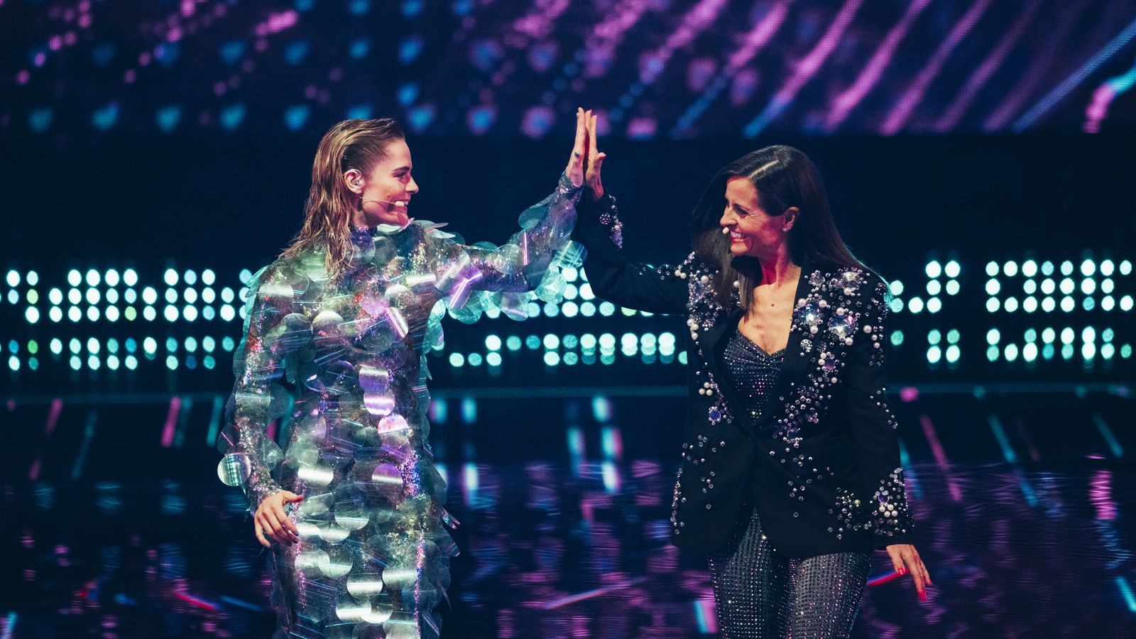 Hazel Brugger and Sandra Studer hosting the First Semi-Final of the 69th Eurovision Song Contest at St. Jakobshalle in Basel
