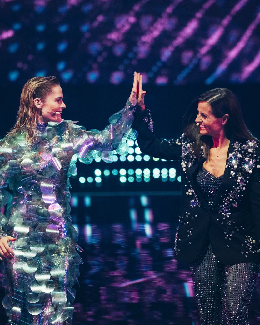 Hazel Brugger and Sandra Studer hosting the First Semi-Final of the 69th Eurovision Song Contest at St. Jakobshalle in Basel