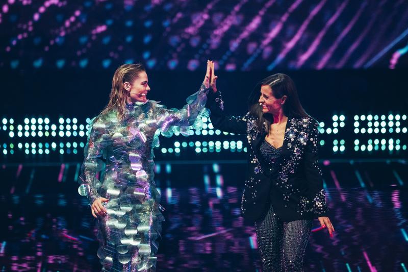 Hazel Brugger and Sandra Studer hosting the First Semi-Final of the 69th Eurovision Song Contest at St. Jakobshalle in Basel