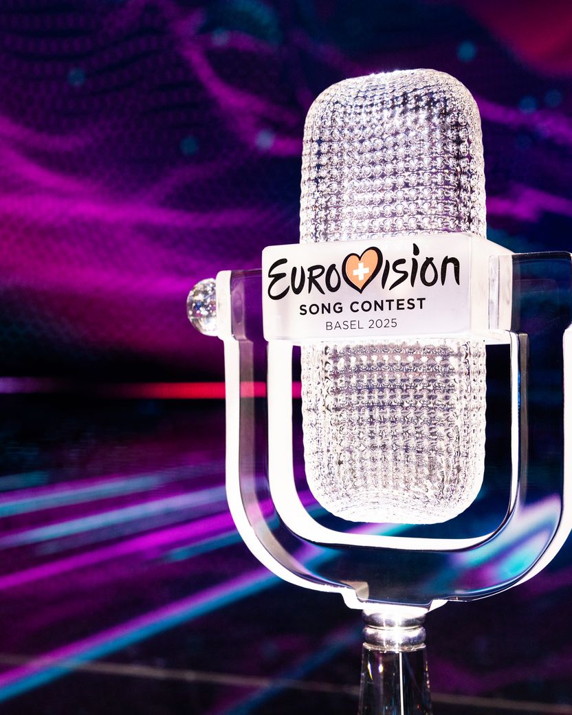 The trophy of the 69th Eurovision Song Contest at St. Jakobshalle in Basel