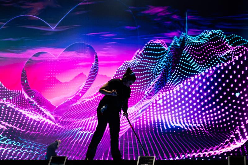 The crew set the stage at the 69th Eurovision Song Contest at St. Jakobshalle, Basel