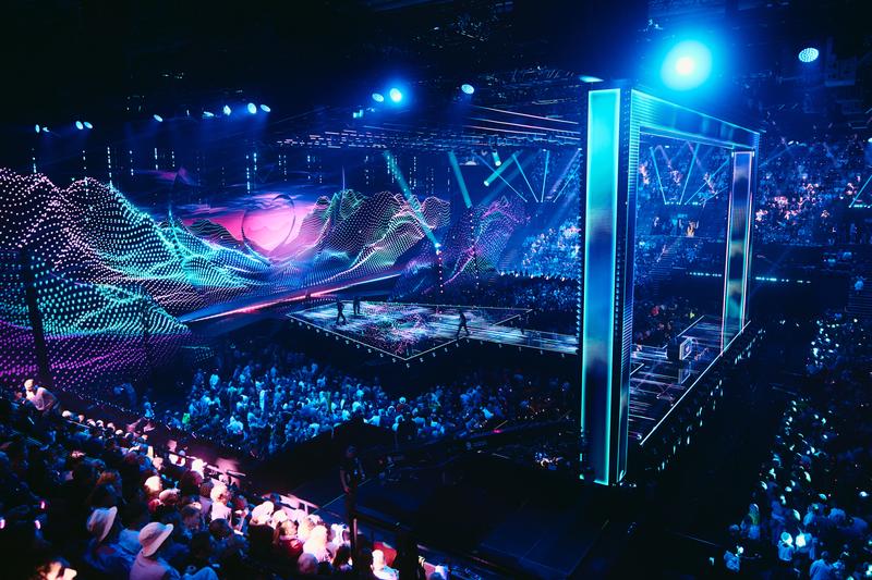 The Eurovision 2025 stage in St. Jakobshalle, Basel