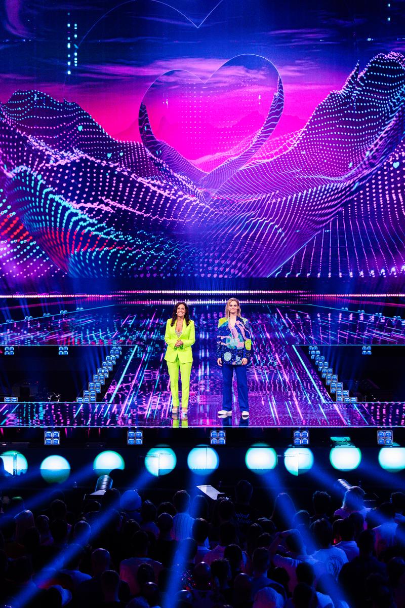 Hazel Brugger and Sandra Studer hosting the First Semi-Final of the 69th Eurovision Song Contest at St. Jakobshalle in Basel