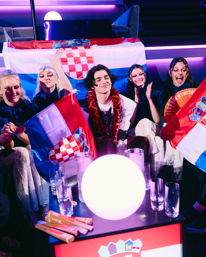 Marko Bošnjak representing Croatia in the Green Room of the Basel 2025 First Semi-Final