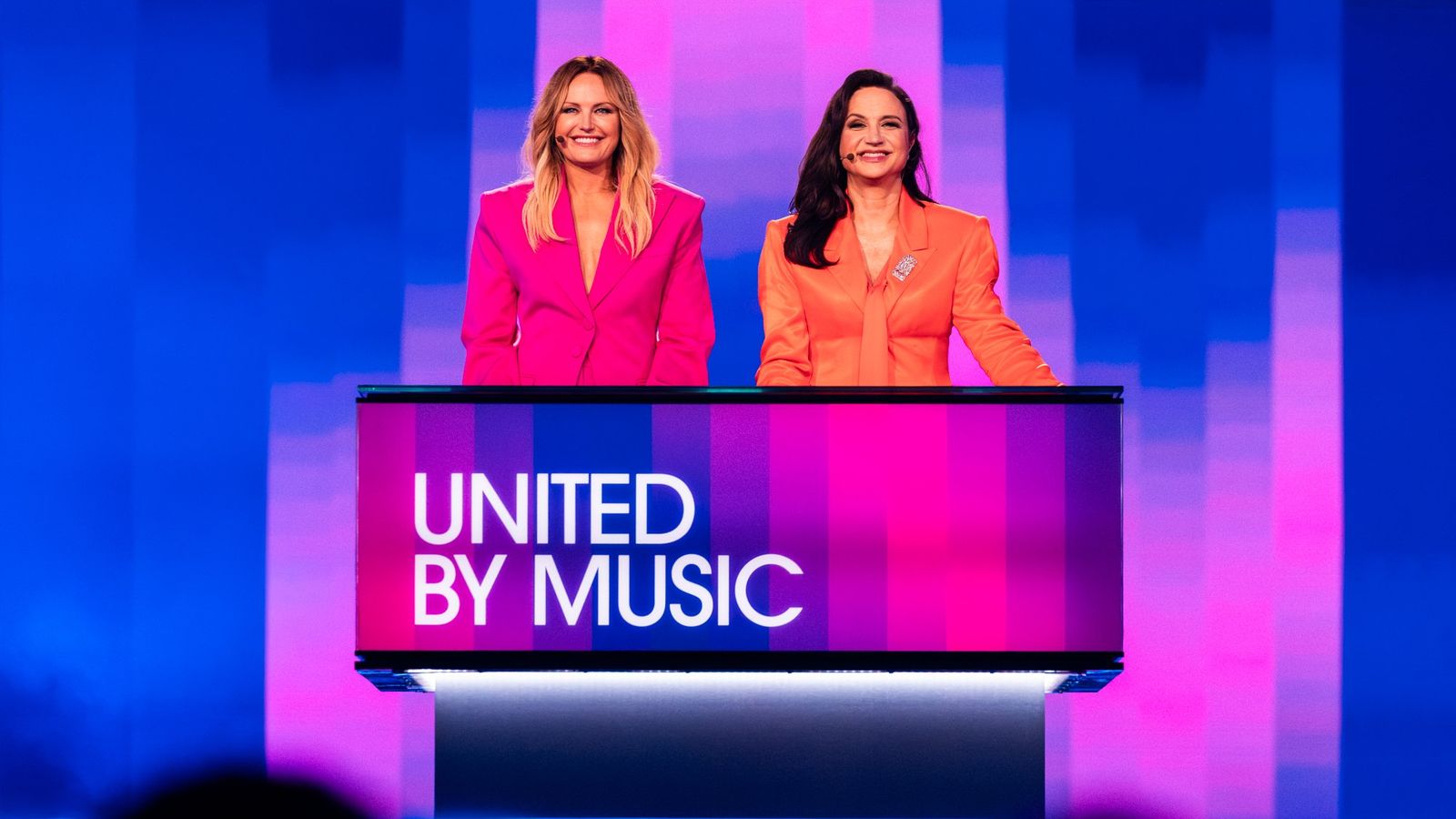 Petra Mede and Malin Åkerman hosting the First Semi-Final of the 68th Eurovision Song Contest at Malmö Arena