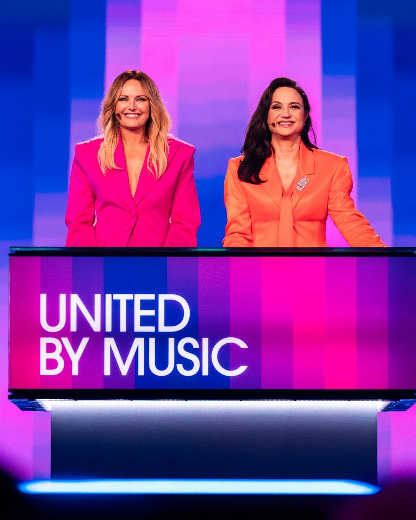Petra Mede and Malin Åkerman hosting the First Semi-Final of the 68th Eurovision Song Contest at Malmö Arena