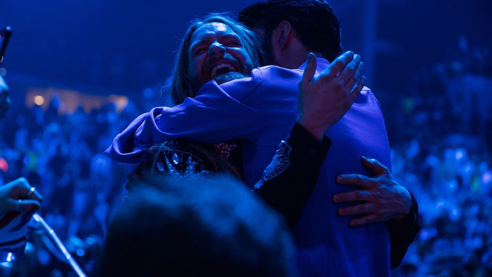 Rylan Clark hugs Sam Ryder at the Eurovision Song Contest 2022 Grand Final