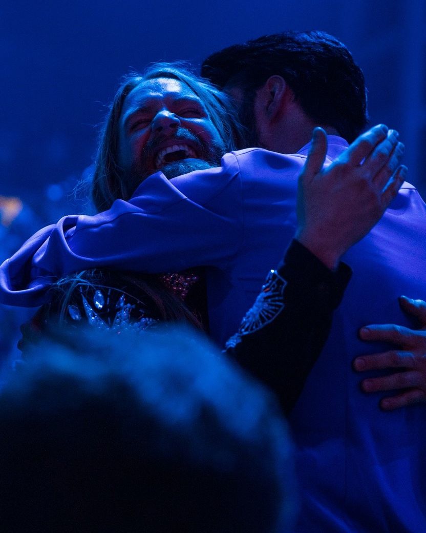 Rylan Clark hugs Sam Ryder at the Eurovision Song Contest 2022 Grand Final