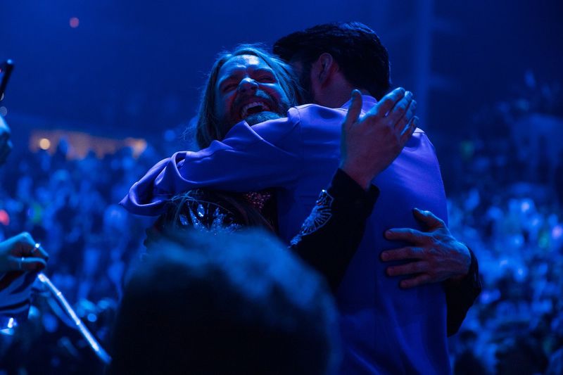 Rylan Clark hugs Sam Ryder at the Eurovision Song Contest 2022 Grand Final