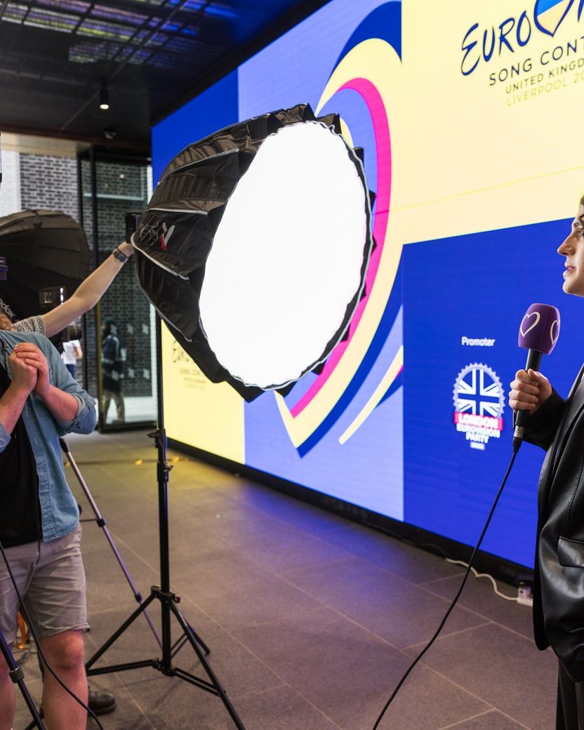 Luke Black being interviewed at the London Eurovision Party 2023