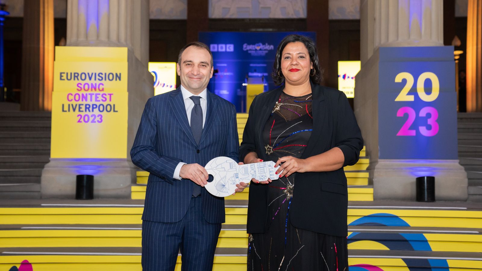 Stefano Lo Russo (Mayor of Turin) and Joanne Anderson (Mayor of Liverpool) - Semi-Final Allocation Draw 2023 - St George's Hall, Liverpool