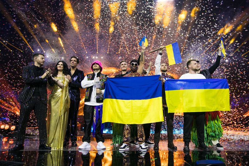 Kalush Orchestra on stage having won the Eurovision Song Contest in 2022