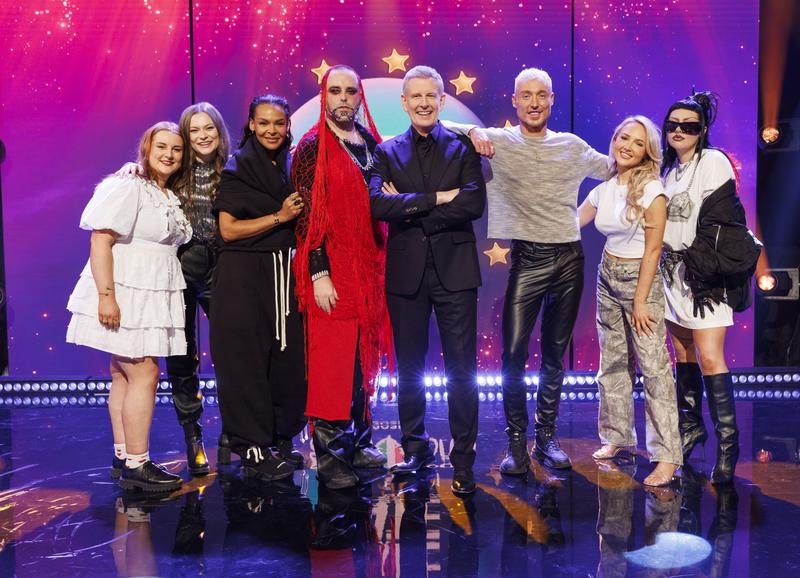 The artists of Eurosong 2025, with host Patrick Kielty